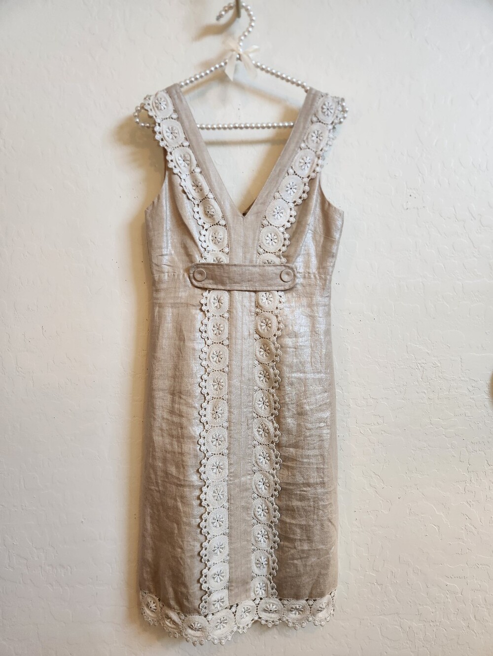 Sleeveless V-Neck Linen Blend Dress with Lace Trim - Neutral Beige/ Silver